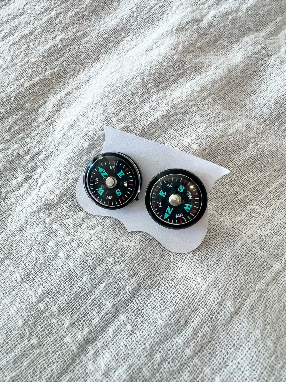 Mini Compass Stud Earrings in Black and Teal